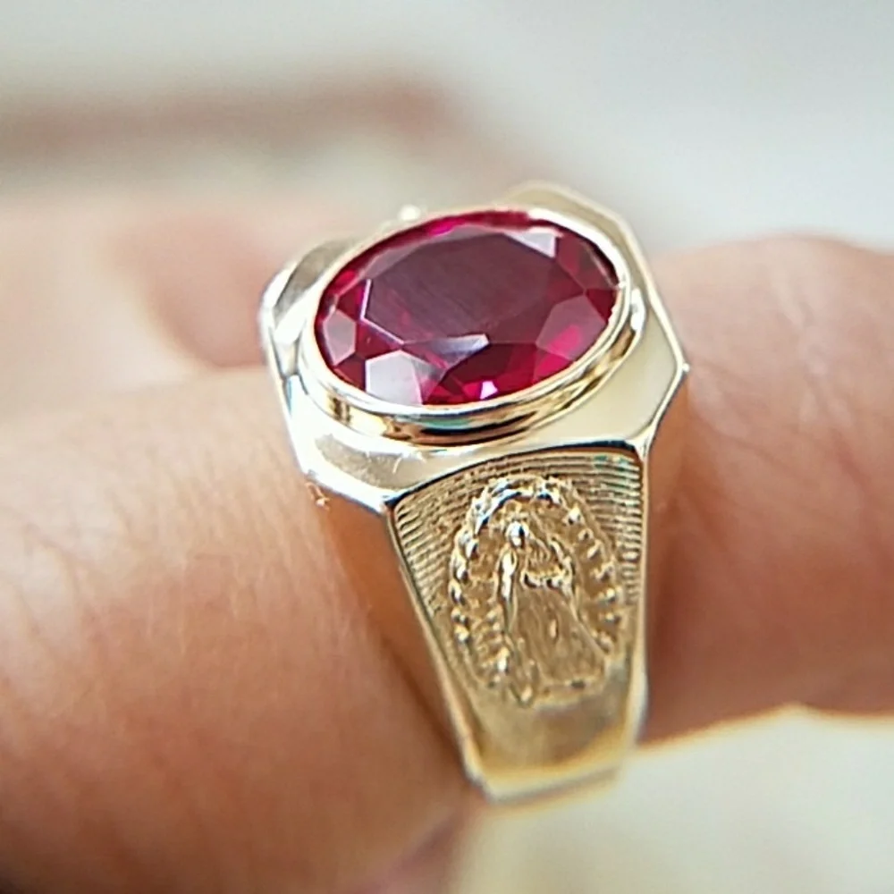 15mm 14k Yellow Gold Men's nugget Religious Ruby Guadalupe Ring